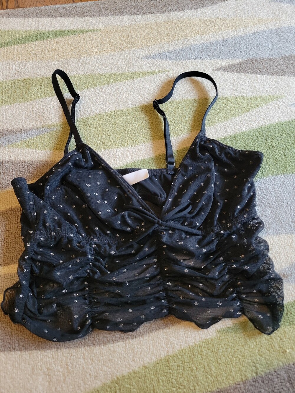 Black Ruched Dot-Print Camisole/bralette/lingerie Tank - V-neck, Mesh